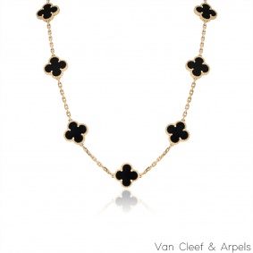 Van Cleef & Arpels Yellow Gold Onyx Vintage Alhambra 10 Motif Necklace VCARA42700 Van Cleef & Arpels Yellow Gold Onyx Vintage Alhambra 10 Motif Necklace VCARA42700